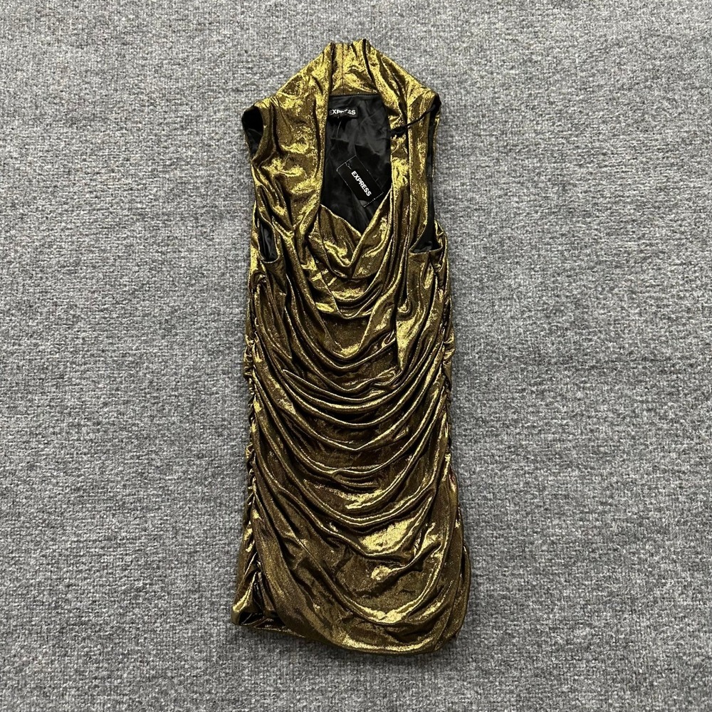 Express Dress Womens Size S Gold Metallic Ruched Cowl Neck Sleeveless Party Glam